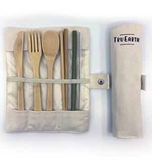 Tru Earth Reusable Bamboo Cutlery set with Fork, Knife, Spoon, Chopsticks, Bamboo Straw and Straw Cleaning Tool in a portable case. Zero Waste never looked so good!